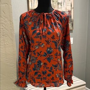 Ann Taylor Factory Floral Blouse - Orange and Blue